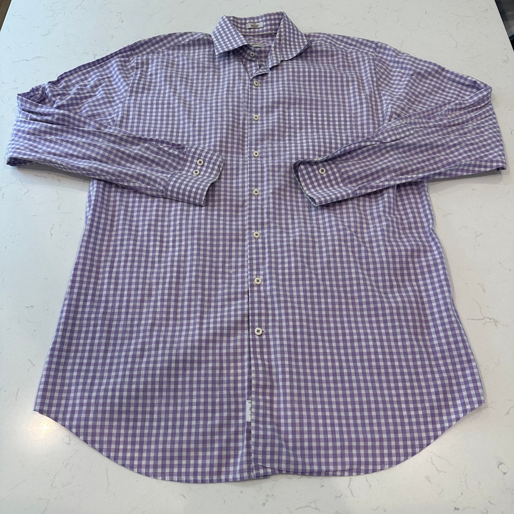 Peter Millar Mens LT Purple Gingham Check Cotton Long Sleeve Button Down Shirt